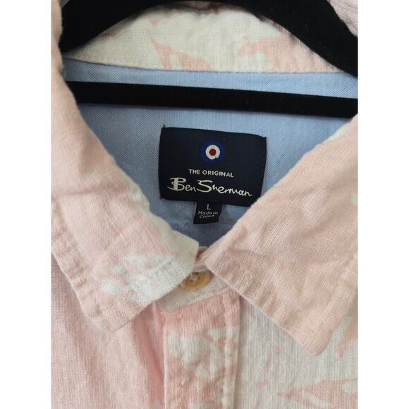 Ben Sherman Linen Rayon Shirt L Pink White Tropical Button Down Men's Summer - Picture 3 of 8